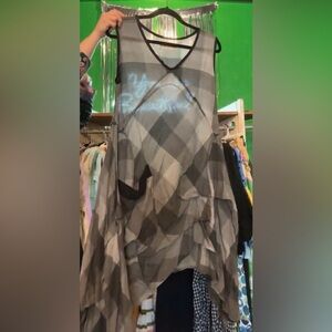 Women's Gray Plaid Layered Midi Dress - Sleeveless V-Neck
